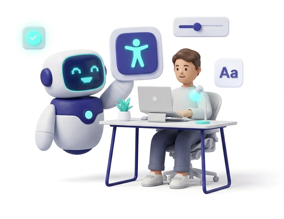 Friendly robot assistant showing an accessibility icon to a person working at a laptop