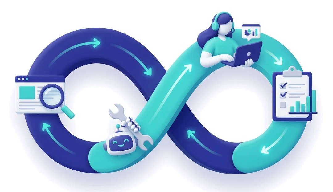 An infinity loop in indigo and aqua connecting four stages: scanning a webpage, a robot fixing issues, a person reviewing on a laptop, and a report with a checklist and chart